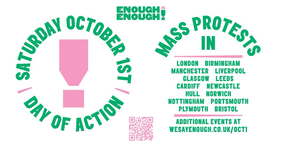 It’s time to say #EnoughlsEnough This Saturday, October 1st, we’ll be protesting in 50 cities and towns across Britain: For pay rises, against the energy rip-off, to end food poverty – and to say no to handouts for the rich. RT to spread the word 👊 wesayenough.co.uk/Oct1