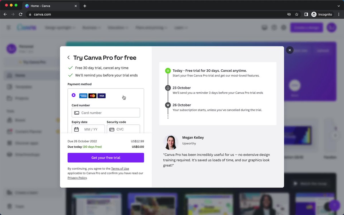 Canva is such a slick product

Here's their modal for starting a free trial

I love the "trial timeline" and the testimonial 👏