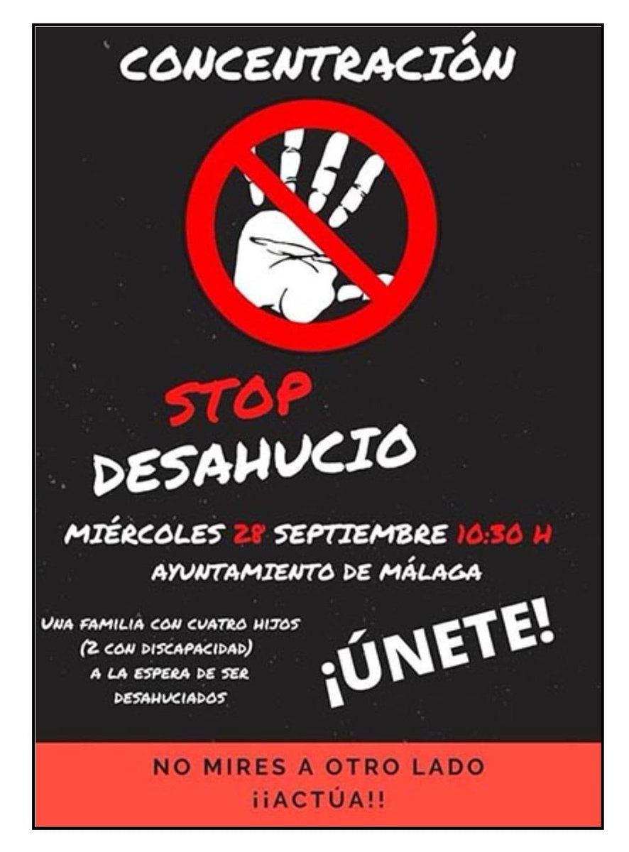 🌍 Apoyamos la Concentración convocada por @AutismoAsc contra el desahucio de una mujer sin recursos con 4 hijos, dos de ellos autistas, que se realiza mañana miércoles 28 de septiembre a las 10:30h en la Puerta del Ayto de @malaga 🗓️ Miércoles 28 Sep 🕢 10:30h 🚩Ayto de #Málaga