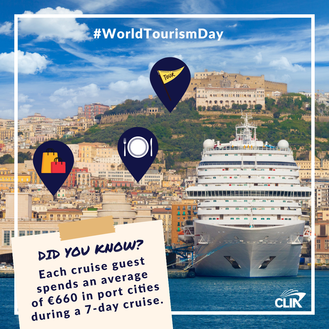 CLIAEurope's tweet photo. Cruise tourism provides real economic opportunities for communities. Each cruise guest spends an average of €660 in port cities during a typical seven-day cruise, and 60% of tourists return to a destination they first visited on a cruise ship. #WorldTourismDay #WeAreCruise https://t.co/9Xz1kWsOhq