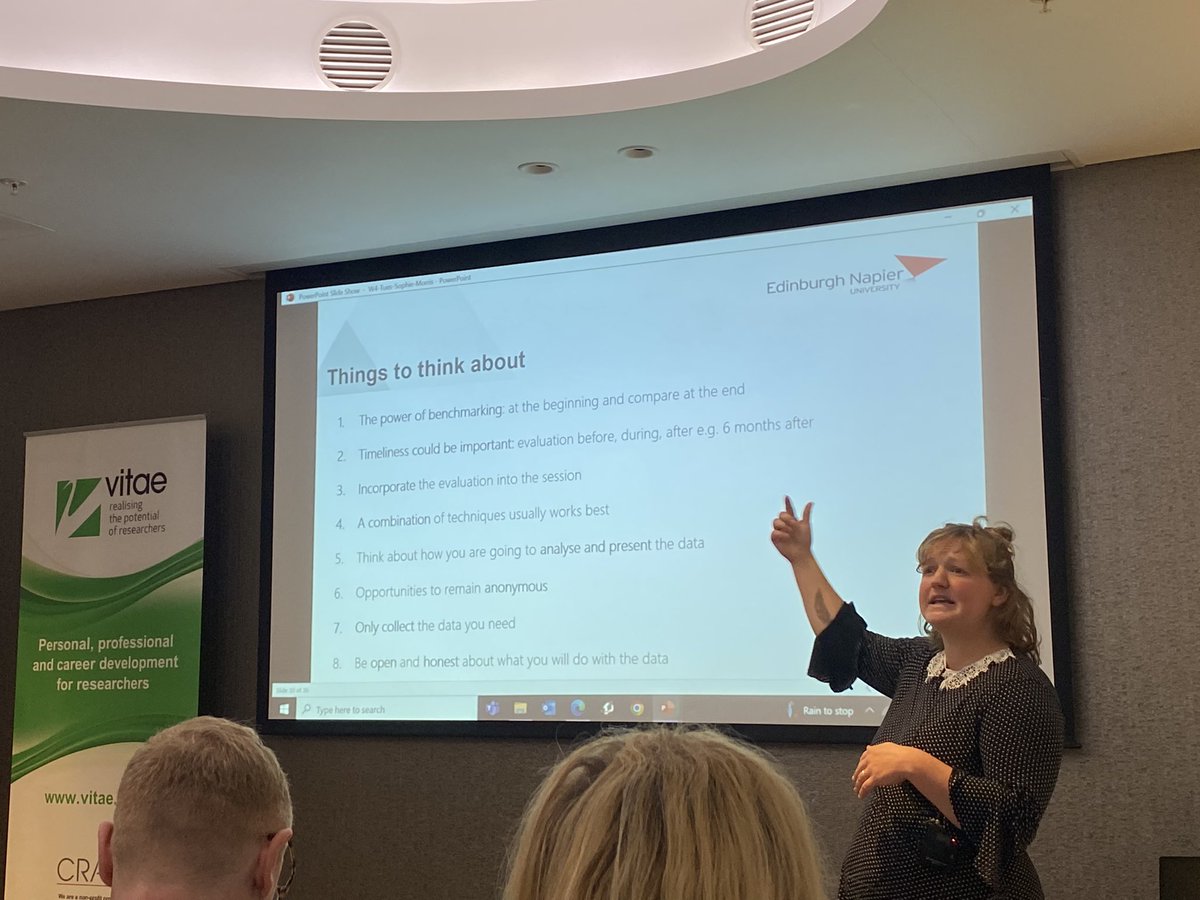 Sophie Morris @EdinburghNapier evangelises about the power of evaluation & benchmarking in #researcherdevelopment Lots of top tips & things to think about need to be honest about what works & what doesn’t - anonymity is important #VitaeConf2022 @Vitae_news #Vitae22