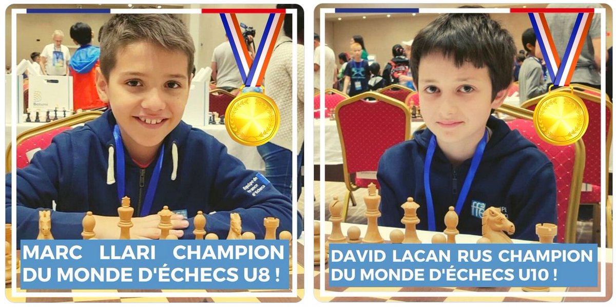 ChessTeaching's tweet photo. Marc Llari et David Lacan Rus champions du monde 2022 en moins de 8 ans et moins de 10 ans ! 👏
Aucun Français n'avait glané de titre mondial dans les catégories jeunes (U8 à U18) depuis... Étienne Bacrot en 1995 ! #wycc #echecs 
(visuels @ffechecs) https://t.co/6v99ahl3nk