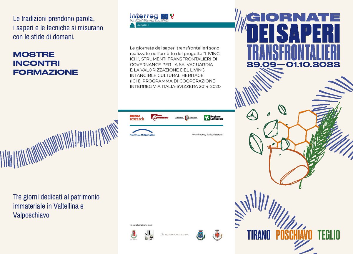 PoloPoschiavo's tweet photo. 29.9.-1.10.22 "Giornate dei saperi transfrontalieri" in Valtellina e #Valposchiavo

Appuntamenti organizzati nell'ambito del progetto
#Interreg Italia Svizzera "LIVING ICH".

30.9. giornata interamente dedicata alla #Valposchiavo.

#intangibleculturalheritage #governance https://t.co/D2UKCAWf4B
