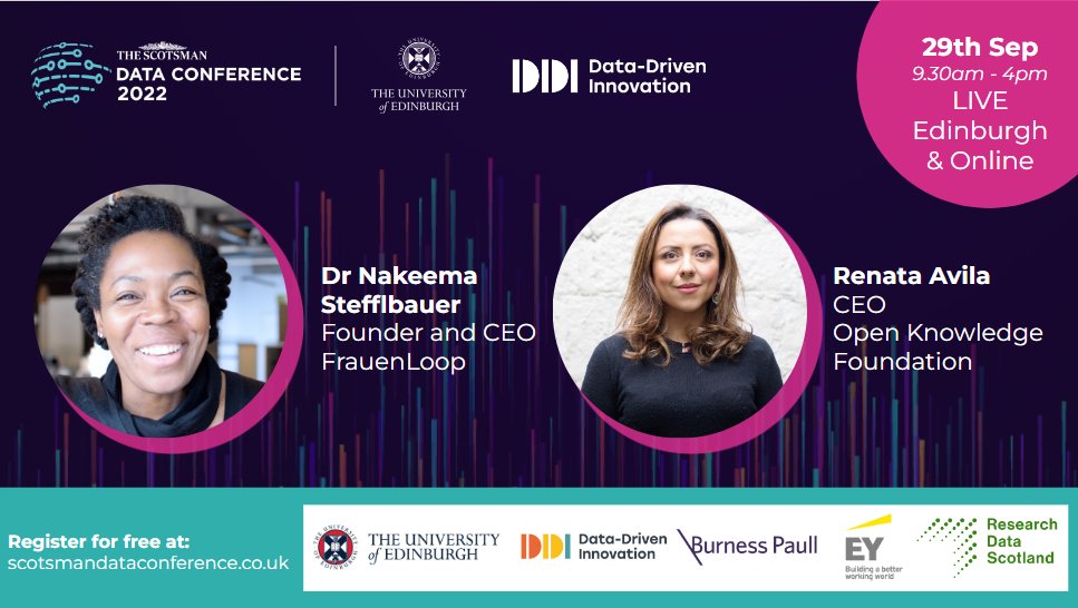 ScotsmanDebate's tweet image. We are so excited to hear from @DocStefflbauer and @avilarenata this Thursday LIVE in Edinburgh discussing #DataDiversity

You can also watch online FREE 🧑‍💻Find out more scotsmandataconference.co.uk
@EdinburghUni
@DataCapitalEd
@RDS_Scotland
@BurnessPaullLLP
@EY_UKI
 #ScotsmanData22