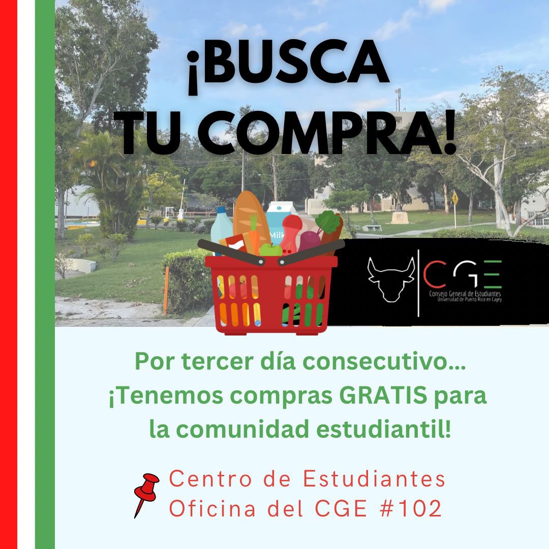 🚨ESTUDIANTES UPR CAYEY🚨🐃🇭🇺

Por tercer día consecutivo…
Hoy martes 27 de septiembre continuaremos con la entrega de compras a la comunidad estudiantil. Será de 2:00pm a 5:00pm en la Oficina del CGE (oficina #102 del Centro de Estudiantes).

¡Les esperamos! ❤️🤍💚