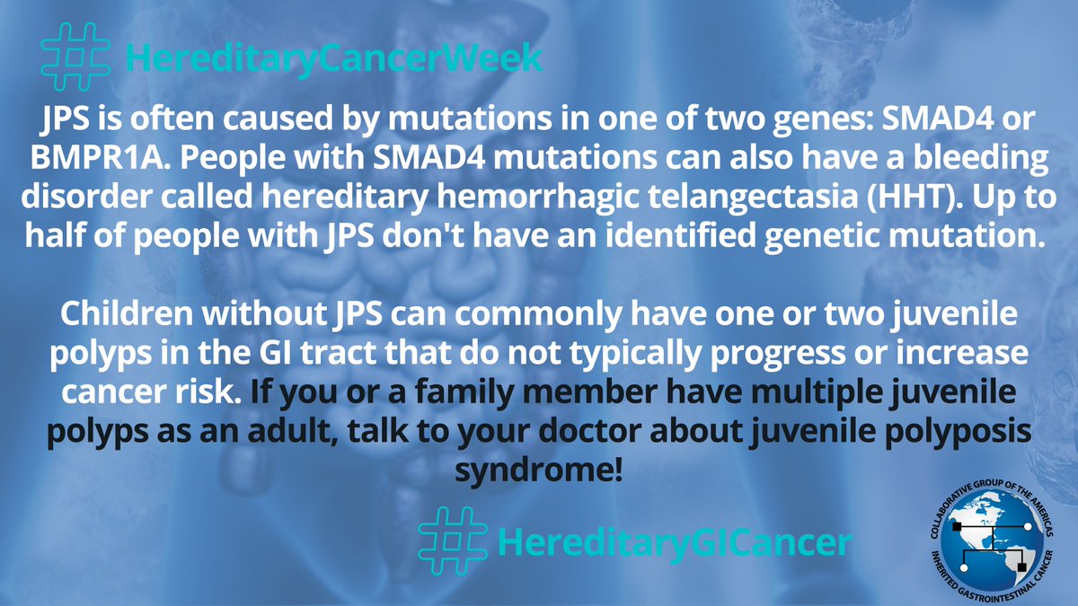 For Day 3⃣ of #hereditarycancerweek, we are highlighting Juvenile polyposis syndrome (JPS) ➡️JPS is a #HereditaryGICancer syndrome in which individuals have multiple polyps in the stomach & colon w/ increased risk for stomach/colon cancers 👉Learn more tinyurl.com/3mstwfxu