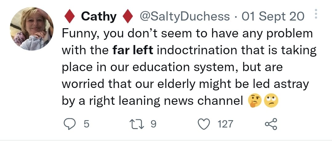 @SaltyDuchess Given that you appear to inhabit a world in which education has been infiltrated by the 'far left', I'm not sure you're in any position to advise other people on their views of the political spectrum.