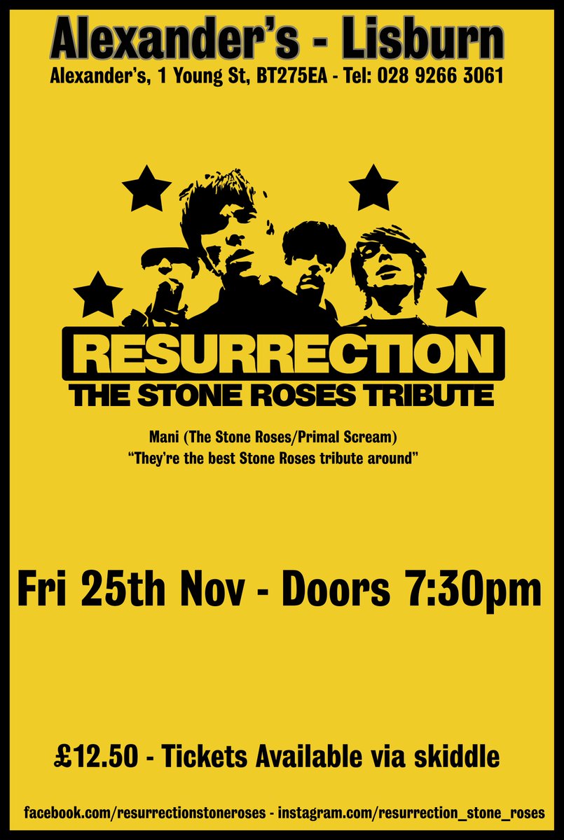 We're playing Lisburn on Fri 25th Nov and Macosquin on Sat 26th Nov. Tickets for Lisburn via the link. 

skiddle.com/whats-on/Lisbu…

#thestonerosesofficial #thestoneroses #Lisburn #alexandersbarlisburn #Ireland