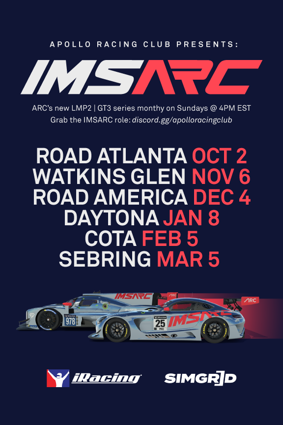 iRacing, LMP2s and GT3s - @ApolloRaceClub's IMSARC S1 has it all! 🤩 Drivers will go head-to-head in 1,5 hour long races on the first Sunday of each month 💪 The first round takes place on October 2nd, so secure your spot today! ➡️ simgr.id/IMSARC