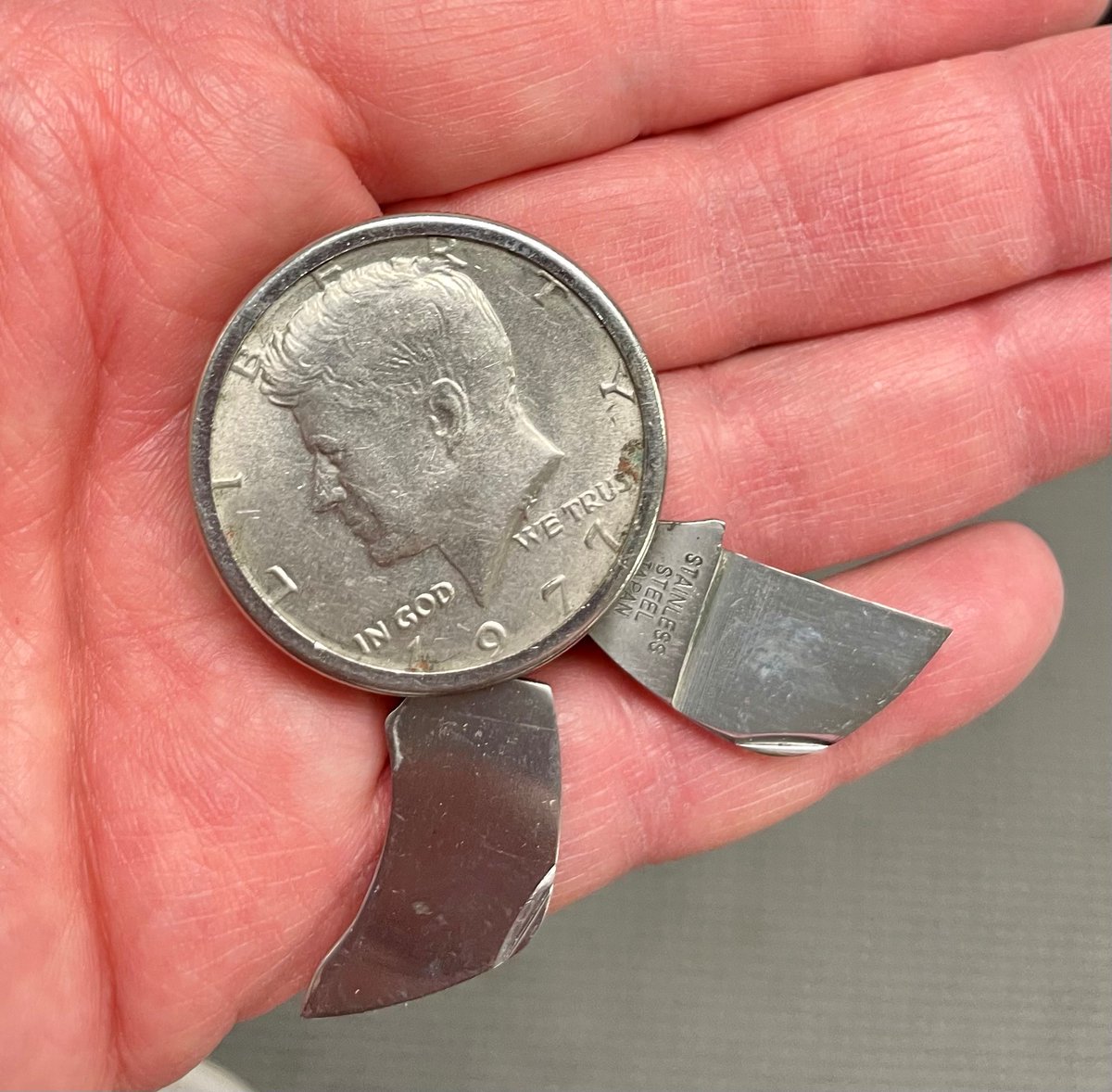 The @TSA team at @Reagan_Airport detected this unusual knife (knives) at the security checkpoint recently. It might appear to be just another coin, but in reality, the coin just disguises the true nature of the item. Knives of any size are prohibited through security checkpoints.