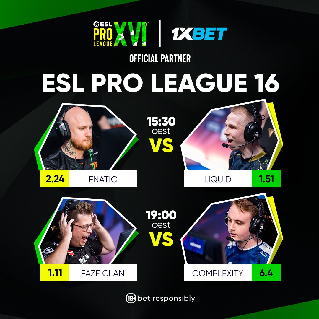 Play-off stage! #ESLProLeague 16 The 1st match promises to be close and both teams have enough skill to win this game. In the 2nd one FaZe are clear favorite and will take it easy 😉 Make your bets 👉 1x-smart.com/esl16 #GoodGameWellPaid