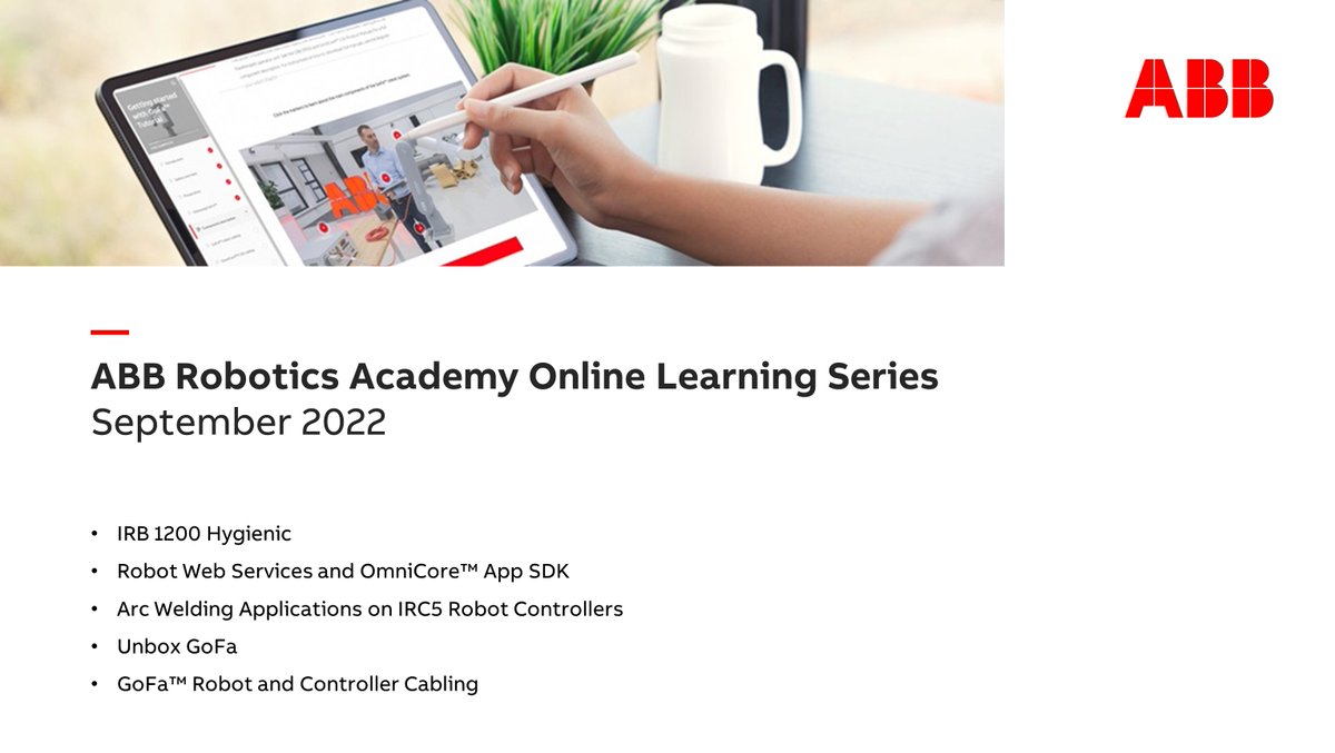 ABBRobotics's tweet image. In this month’s #TutorialTuesdays we have seen:
🔴 IRB 1200 Hygienic
🔴 Robot Web Services and #OmniCore™ App SDK:
🔴 Arc #Welding Applications on IRC5 Robot Controllers:
🔴 Unbox #GoFa
🔴 GoFa™ Robot and Controller Cabling
Watch now on our YouTube in case you have missed it