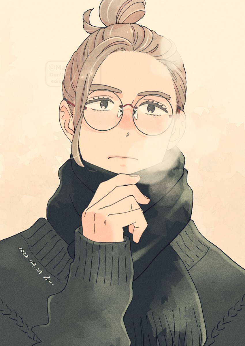 solo glasses 1girl sweater single hair bun hair bun scarf  illustration images