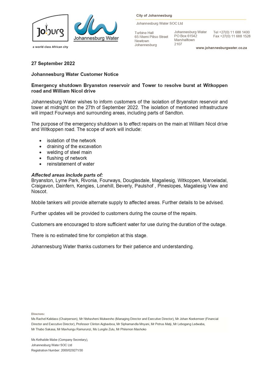 Emergency shutdown: Bryanston reservoir and tower to resolve burst at Witkoppen road and William Nicol drive. #JoburgUpdates ^p