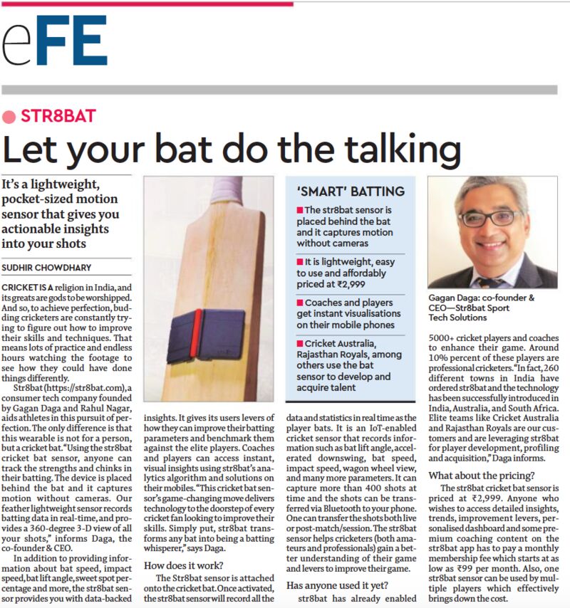 Str8Bat's tweet photo. str8bat - Let your bat do the talking! 🏏
Thank you The Financial Express for featuring us!
Link - https://t.co/8oFLBuvTP6
#innovation #technology #deeptech #cricket #sports #str8bat #CricketBatSensor https://t.co/sF05Lu7E2O