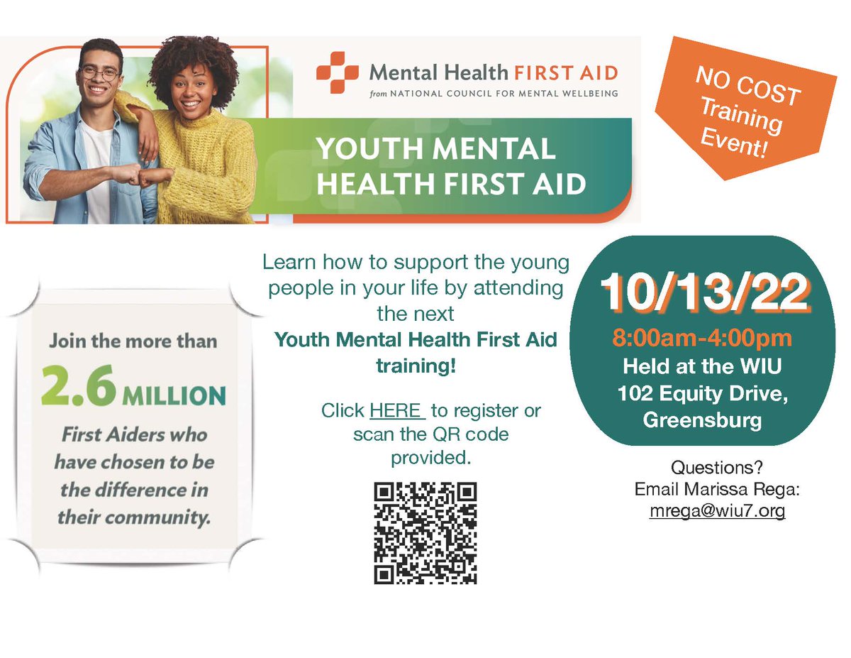 FREE Training! Youth Mental Health First Aid on Thursday, October 13 <a href="/WIU07/">WIU07</a> from 8:00 am-4:00 pm. #WIUproud Click to register: mylearningplan.com/WebReg/Activit…