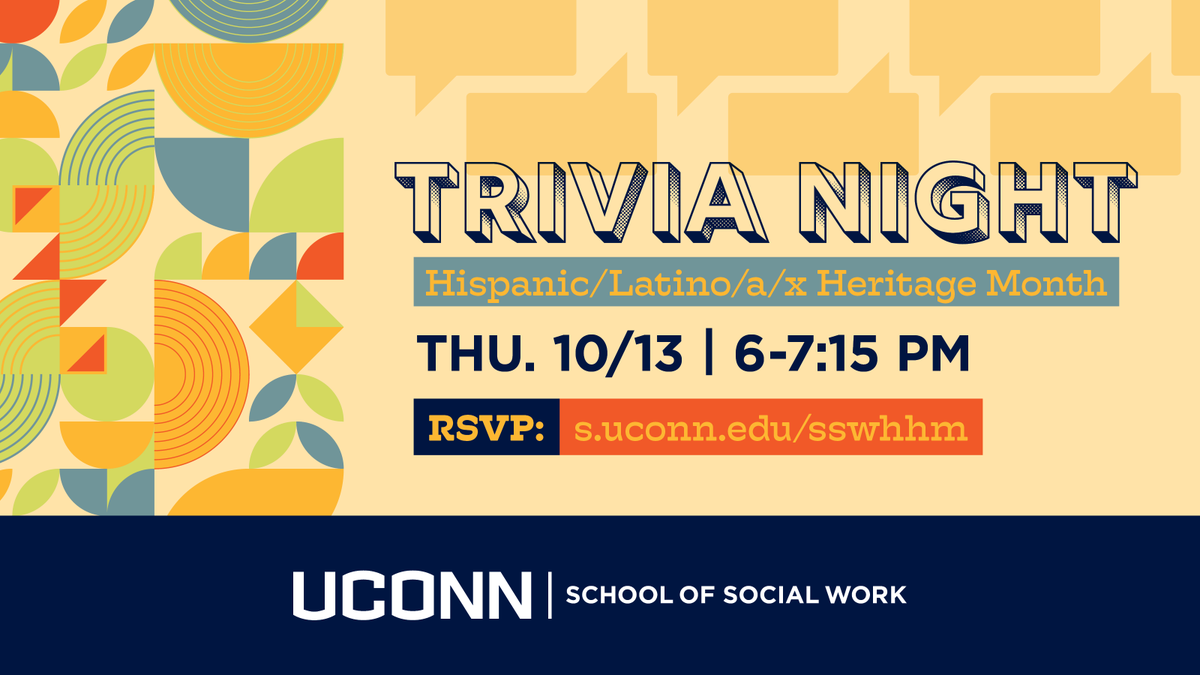 UConnSocialWork's tweet photo. The celebration of #HispanicHeritageMonth2022 continues! Join us for an evening of culture, fun and trivia on Thursday, Oct. 13 from 6-7:15 PM. To RSVP: https://t.co/92Te7h6d8W
#LatinxHeritageMonth 
#diversityequityandinclusion https://t.co/MvzDXm6ipA