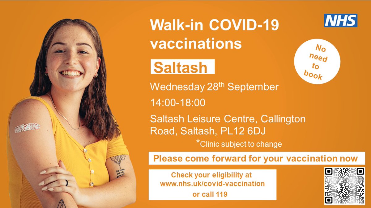 Get your COVID vaccine tomorrow in Saltash! 

See the graphic for more details.