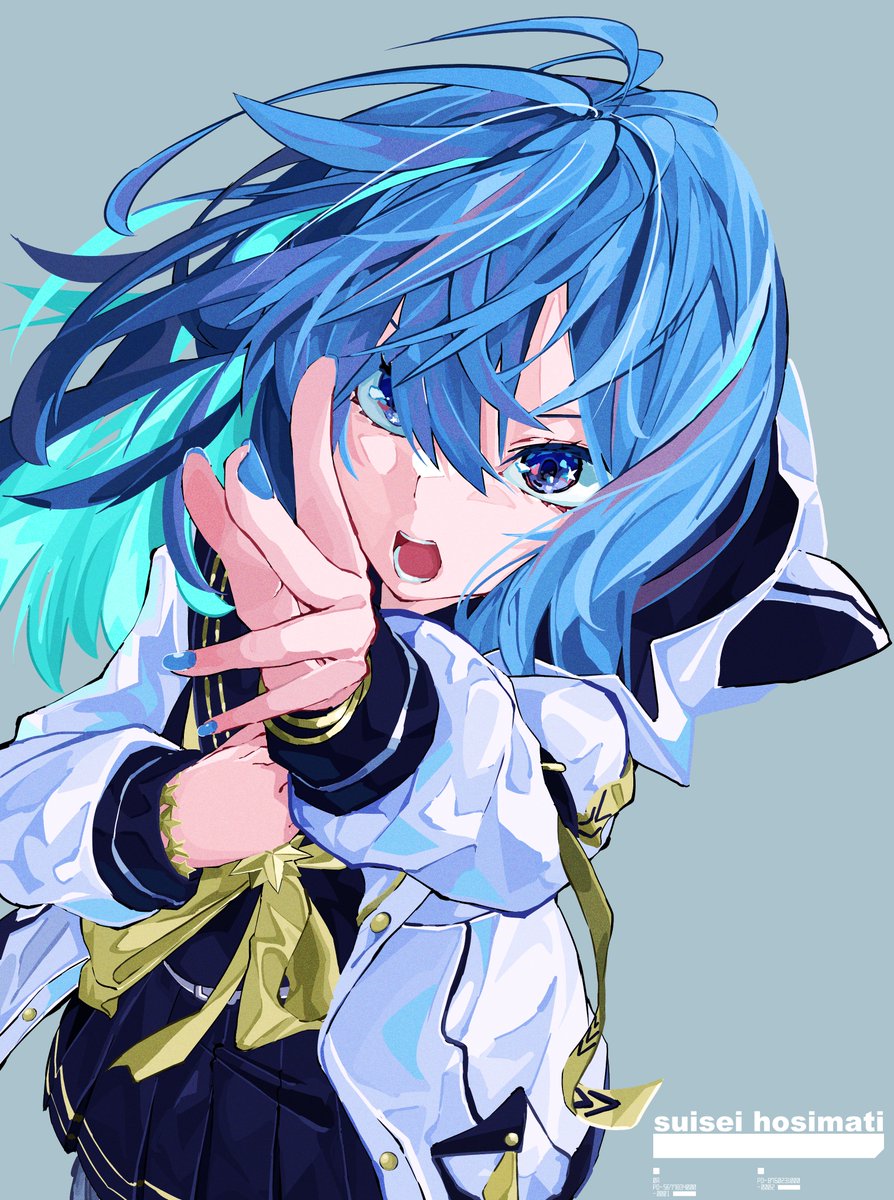 hoshimachi suisei 1girl blue hair solo blue eyes jacket hood open mouth  illustration images