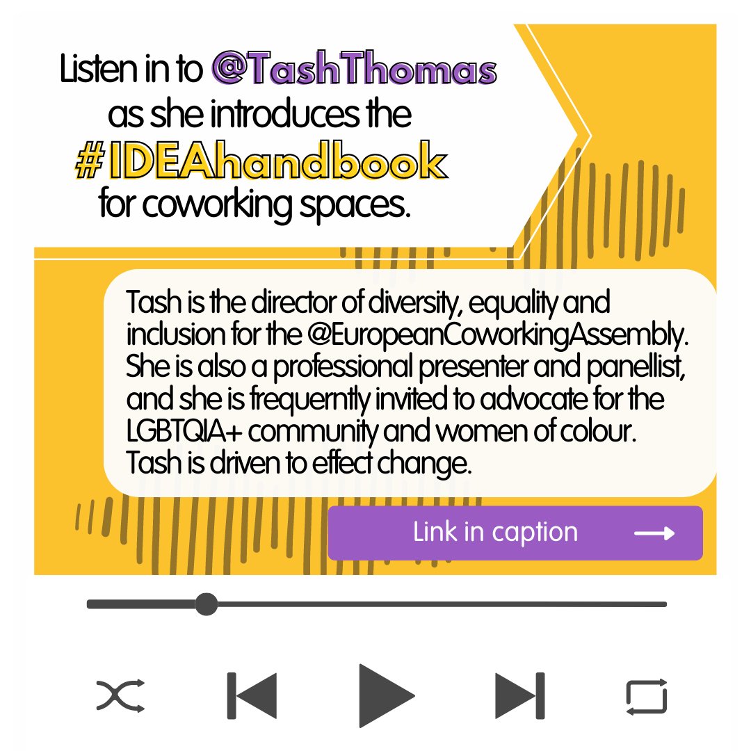 cowork_tools's tweet photo. Listen in to @tashtuk as she introduces the #IDEAhandbook for coworking spaces.

Tash is the director of #diversity, #equality &amp; #inclusion for the @CoAssemblyEU . 
She is a professional presenter &amp; panellist and is driven to effect change.

Listen here: 
https://t.co/JfcIp0l0Tz https://t.co/Cyyi7bUGQP