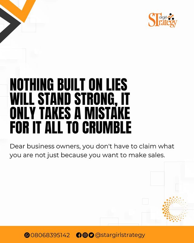 Being sincere and transparent only breed a brand that can be trusted.

Always deliver what you advertise. Don't advertise quality products & deliver low quality.
Be a brand to be reckon with!
Be real, be authethic, do the right thing

#productbusiness #businesstips #businesscoach