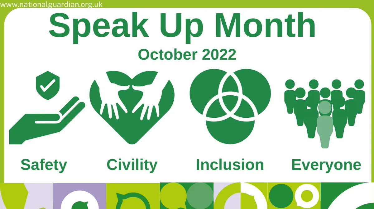 October is Freedom To Speak Up Month! The theme this year is “Freedom to Speak Up for Everyone” #FTSUForEveryone

Each week of October is themed:

Week 1 - #SpeakUpforSafety
Week 2 - #SpeakUpforCivility
Week 3 - #SpeakUpforInclusion
Week 4 - #FTSUforEveryone