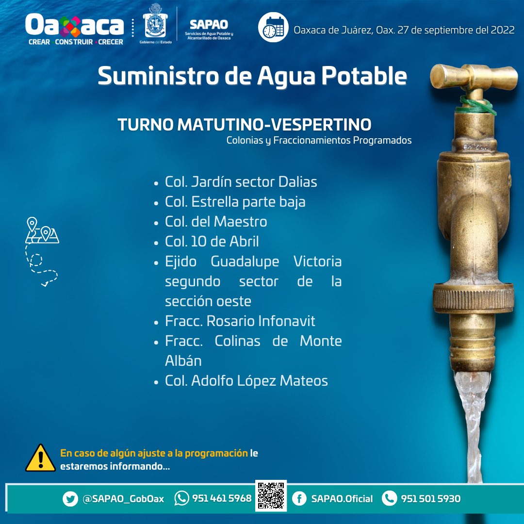 SOAPA_Oax's tweet photo. #HoyLlegaElAgua 
Conoce el suministro de agua potable para el día de hoy en el turno matutino-vespertino. https://t.co/gkGOwnkegk