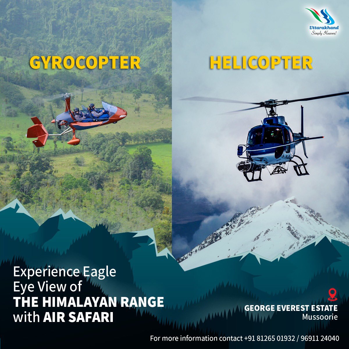 UTDBofficial's tweet image. Now enjoy breathtaking views of the Himalayas on a helicopter ride from George Everest House, Mussoorie. 
Other attractions like Gyrocopter, Paramotor to be launched soon. For more information contact +91 81265 01932 / 96911 24040

#Worldtourismday #tourismday2022