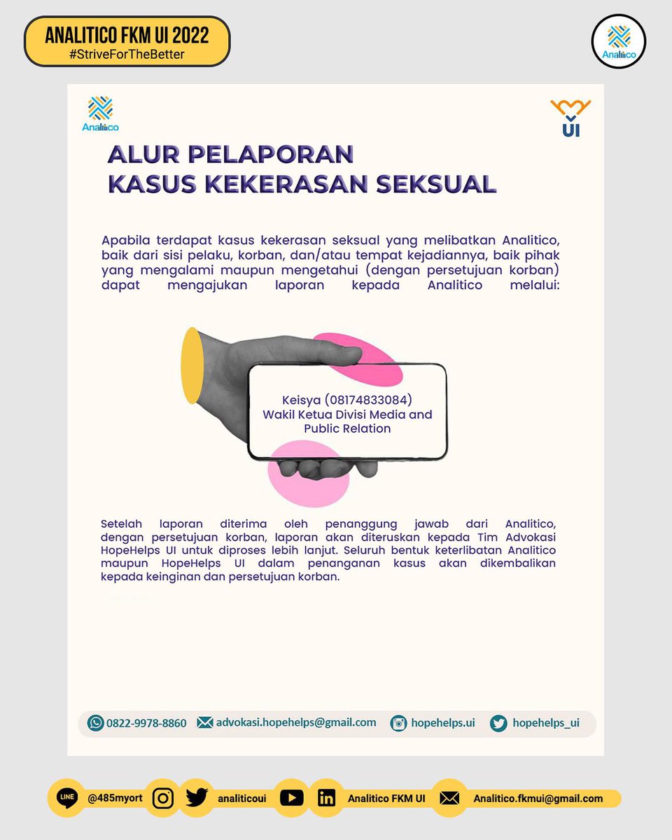 AnaliticoUI's tweet photo. [ALUR PELAPORAN KASUS KEKERASAN SEKSUAL]

Halo, teman-teman Analitico!

Demi mewujudkan lingkungan kampus yang aman dari kekerasan seksual, kini Analitico FKM UI bekerja sama dengan HopeHelps UI terkait pendampingan pelaporan kasus kekerasan seksual. https://t.co/JWazQrSxD2