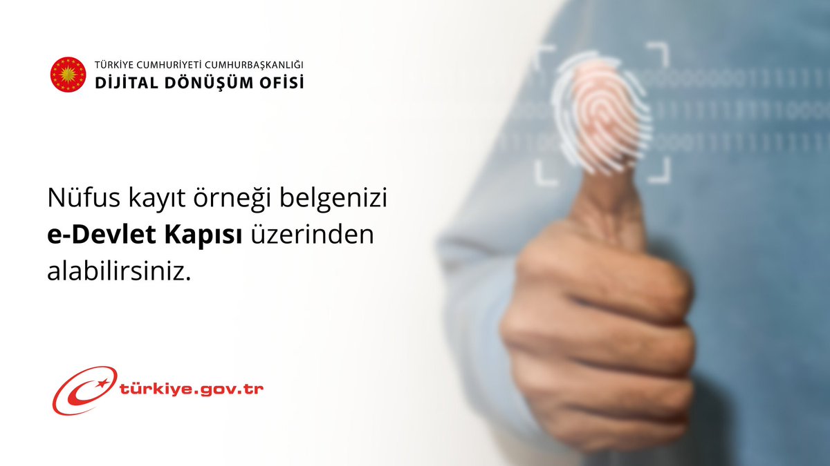 Nüfus ve Vatandaşlık İşleri Genel Müdürlüğü merkezi veri tabanındaki nüfus kaydınızı e-Devlet Kapısı üzerinden sorgulayabilir, nüfus kayıt örneği belgenizi alabilirsiniz.
<a href="/TC_icisleri/">T.C. İçişleri Bakanlığı</a> <a href="/TCNufus/">Nüfus ve Vatandaşlık İşleri Genel Müdürlüğü</a> <a href="/dijital/">Dijital</a>

Hizmet Bağlantısı: ddo.link/nufus-kayit-or…

#DijitalTR #edevlet