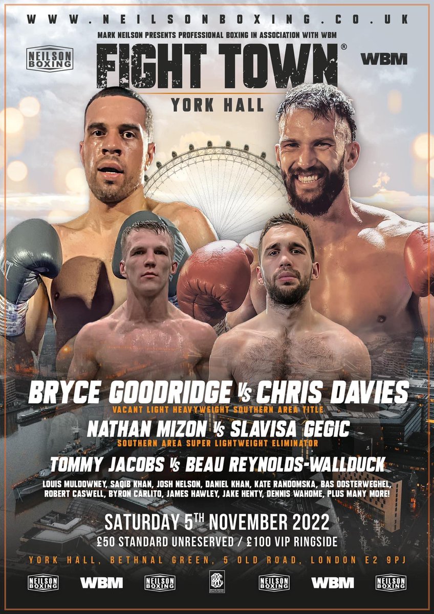 Basingstoke’s <a href="/BryceGoodridge/">Bryce Goodridge</a> faces London’s Chris Davies for the vacant Southern Area Light Heavyweight title on 5th November at the iconic York Hall on a stacked <a href="/NeilsonBoxing/">Neilson Boxing</a> event 🔥🥊