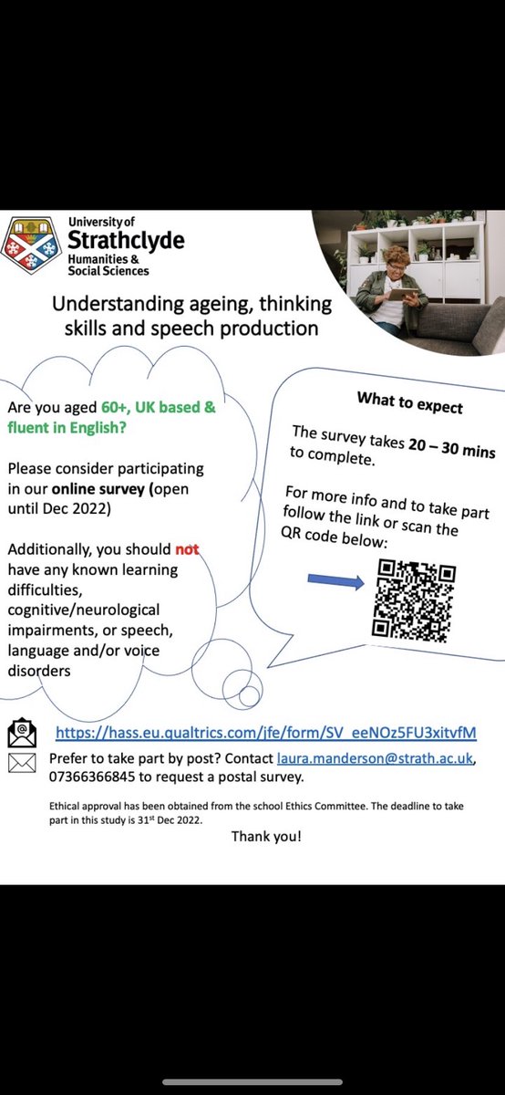I am now recruiting healthy older adults (aged 60+) for an online survey on ageing, thinking skills and speech production. Please consider taking part or sharing with others hass.eu.qualtrics.com/jfe/form/SV_ee…