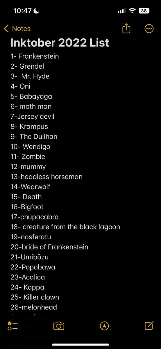 kylekoz3's tweet photo. #inktober2022 starts this Saturday! Here’s my prompt list! I’ll my doing my own interpretation of different monsters and creatures from literature, folklore, and cultures around the world https://t.co/vWTMTYr6FB