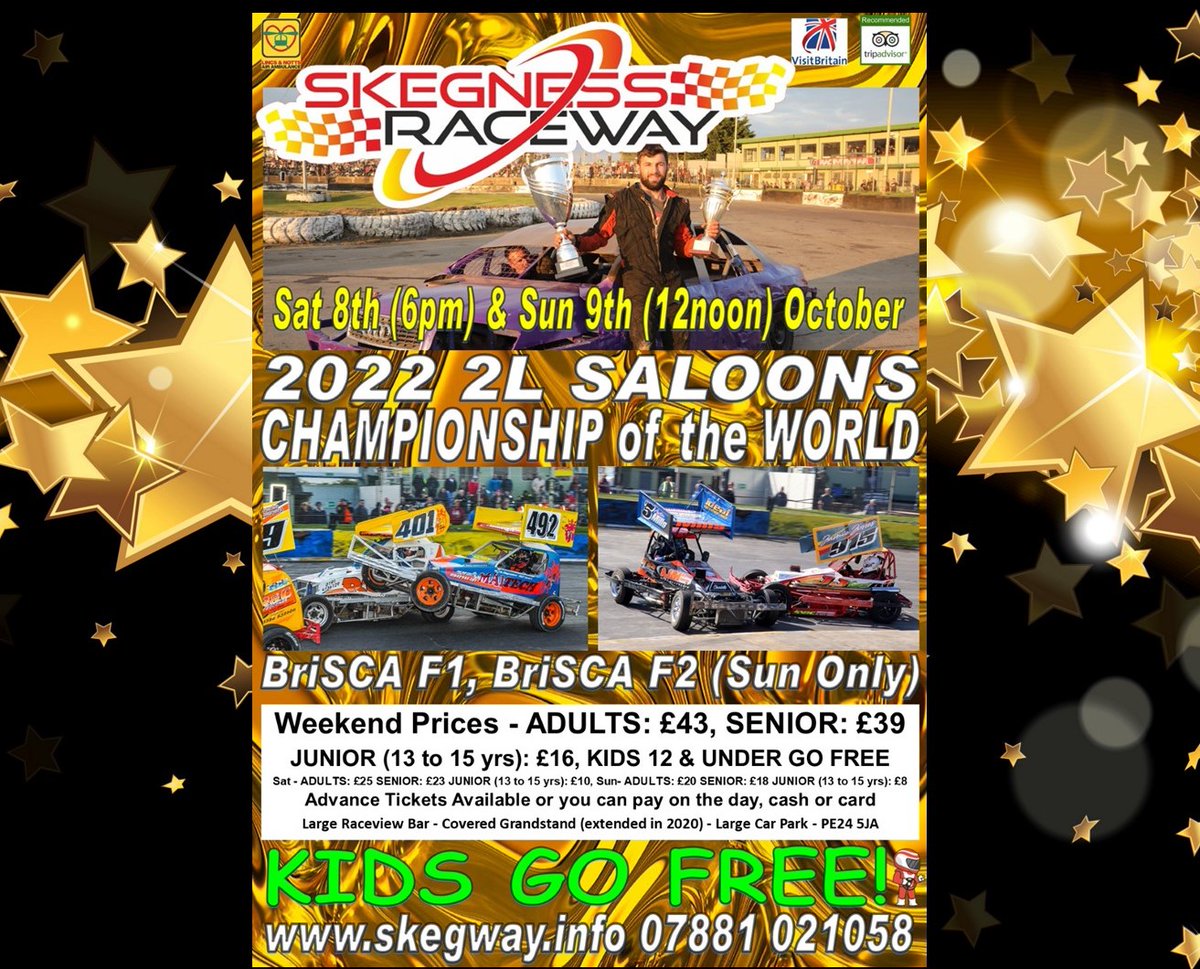 Coming Soon
The 40th (1982 – 2022) 2L SALOON STOCK CAR CHAMPIONSHIP of the WORLD Speed Weekend!
Full details on the website, just click on the poster on the home page for latest update
Next is Sun 2nd Oct 1pm
Details of all events on skegway.info
Kids go Free