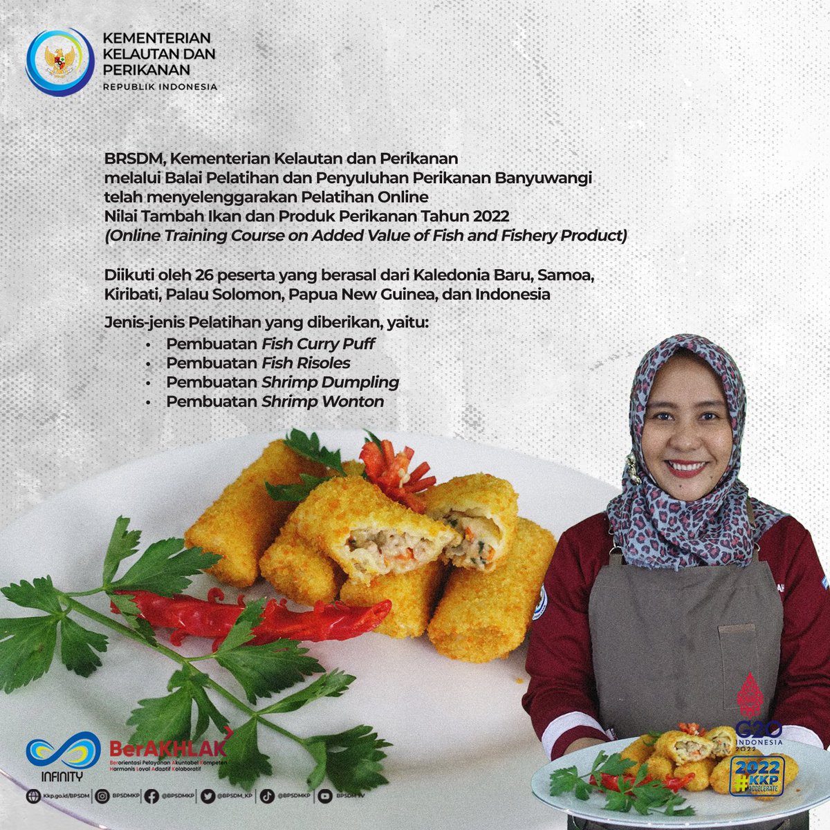 bppsdm_kp's tweet photo. Melihat hal tersebut, #BRSDM @kkpgoid melalui @bppp_banyuwangi telah menyelenggarakan Pelatihan Online Nilai Tambah Ikan dan Produk Perikanan (Online Training Course on Added Value of Fish and Fishery Product) dengan peserta negara anggota #KSST pd 20-21 Juli 2022 #KKPAccelerate https://t.co/JQKpEdaKIH