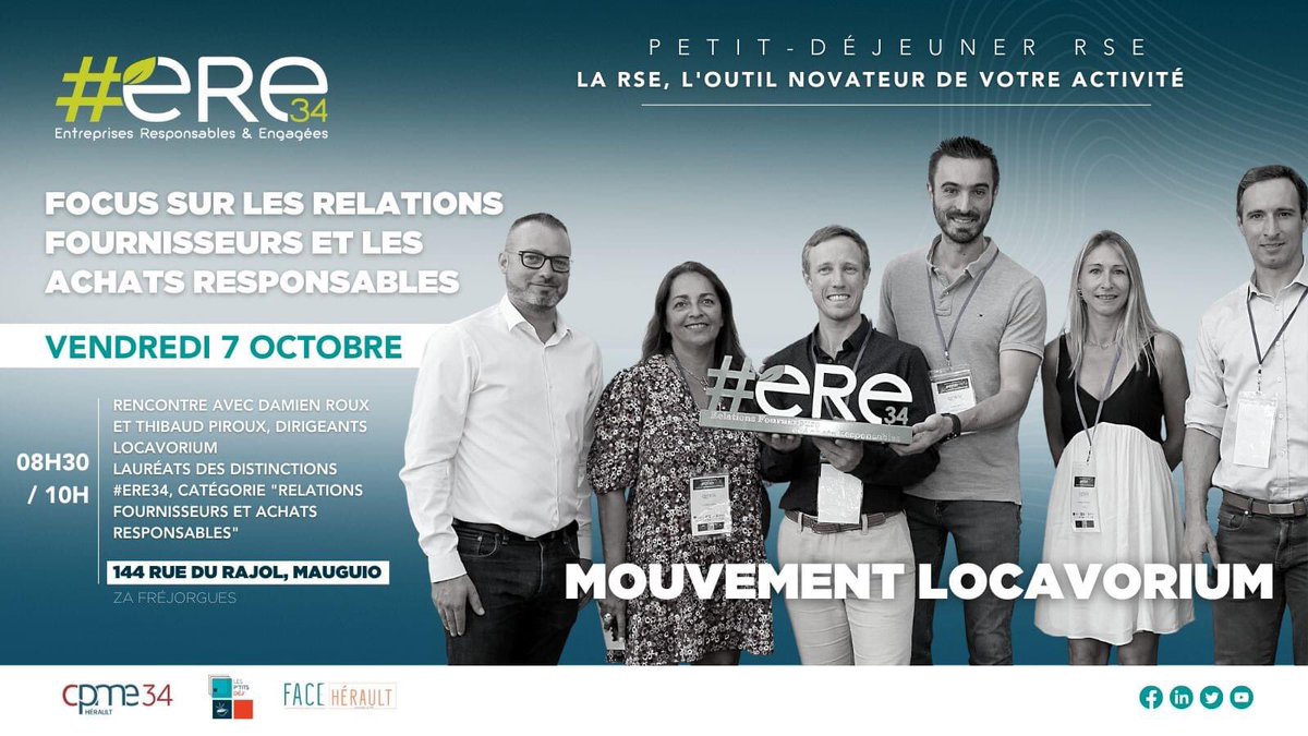 [RENCONTREZ LES LAUREATS DES DISTINCTIONS #ERE34]
Prochain RDV avec <a href="/locavorium/">Locavorium</a> 
📆 Le 07/10 à 8h30
➡️ Inscription obligatoire : forms.gle/hsopSpx5X8BwX2…
<a href="/GBlanvillain34/">Blanvillain Gregory</a> <a href="/FACEHerault/">FACE Hérault</a> <a href="/CarolineCazi/">Caroline CAZI</a> <a href="/ChevalierBenja1/">Chevalier Benjamin</a>