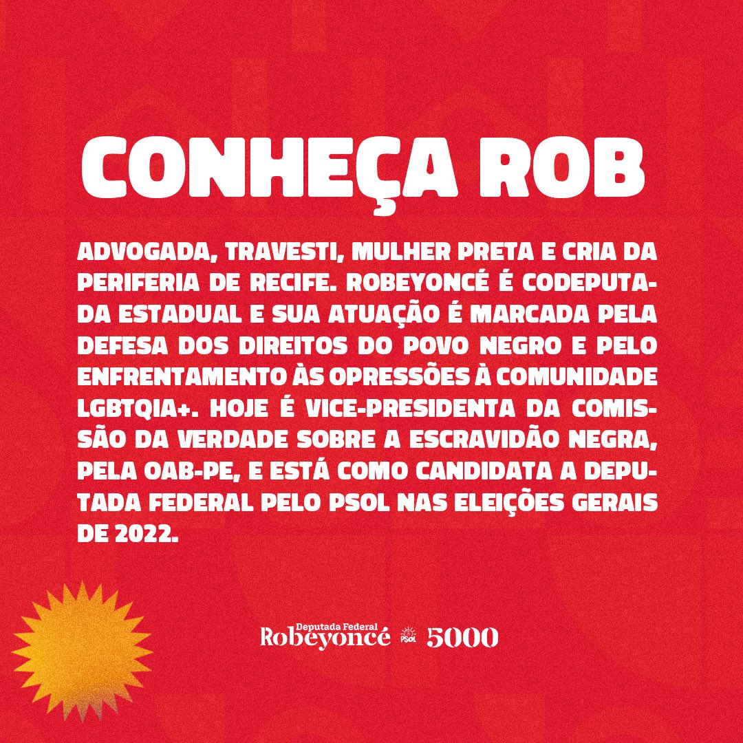RobeyonceLima's tweet photo. Nesse contexto em que quase metade das eleitoras e eleitores ainda não decidiram em quem votar pra Deputada Federal, é muito importante apresentar suas candidatas pra TODO MUNDO!
Então vamo de compartilhaço???
FALTAM 5 DIAS PRA ESPERANÇA VENCER O MEDO ✊🏿
#Rob5000
#EuVouDeRob https://t.co/M9xj47lUpJ