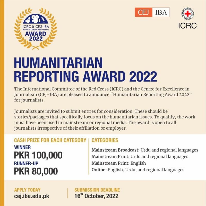 fizzabangash's tweet photo. Applications for the @ICRC @CEJatIBA “Humanitarian Reporting Award 2022” are now open. 

The award recognizes published work produced with a focus on humanitarian issues. 

Submit your entries before Oct 16 here: https://t.co/aGyLIof217 

#ICRC #HumanitarianReporting #CEJ https://t.co/x3BQqo5SBl