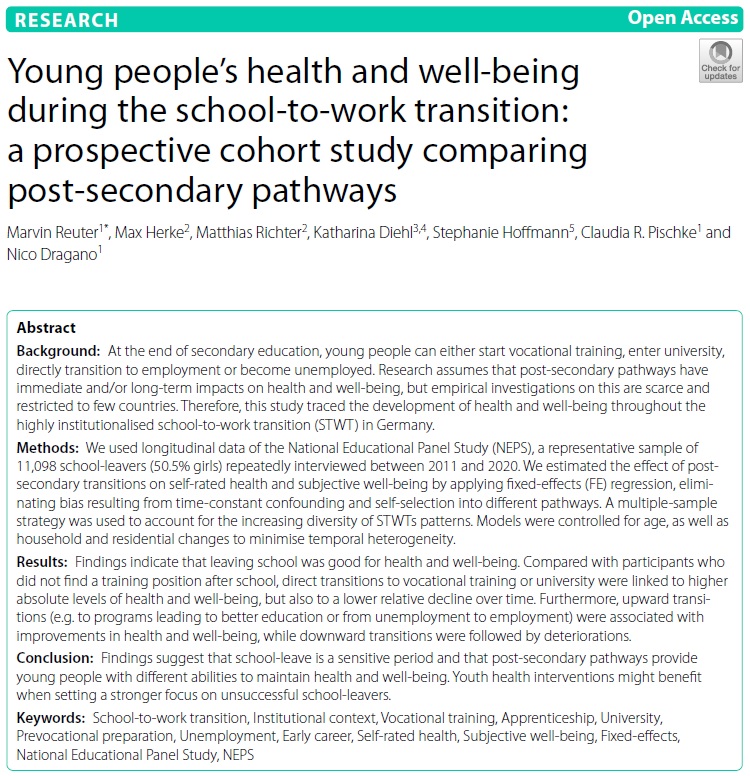 How did you feel when you finished #school and could make your own career decisions? 
<a href="/MarvinReuter3/">Marvin Reuter</a> et al. observe in the German #NEPS that #health and #wellbeing improve after leaving school, but with differences by social contexts entered afterwards. 
rdcu.be/cWoow