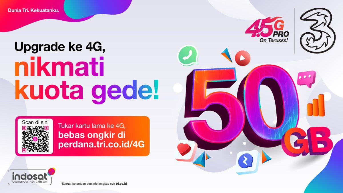 Internetan jadi lebih nyaman dengan jaringan 4G!

Buka website #TriIndonesia upgrade kartu ke 4G, langsung di antar ke rumah mu dengan bebas ongkir, dan dapatkan ekstra kuota 50GB.

Klik: perdana.tri.co.id/4G

#IniWaktunyaKita
#IOHSatuJaringan