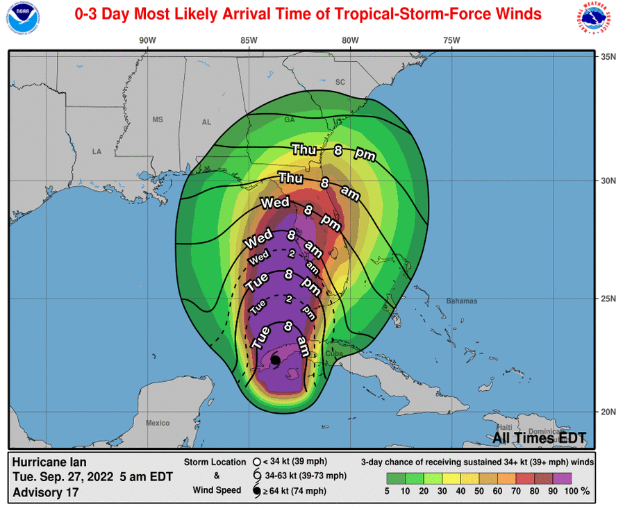 NHC_Atlantic's tweet photo. Hurricane &amp; Tropical Storm Warnings for #Ian are in effect for much of the west coast of Florida. Preparations to protect life and property should be rushed to completion. Today is your last day to prepare and follow evacuation orders from local officials. https://t.co/cy01fM7Od6 https://t.co/qAwQAHpjDG