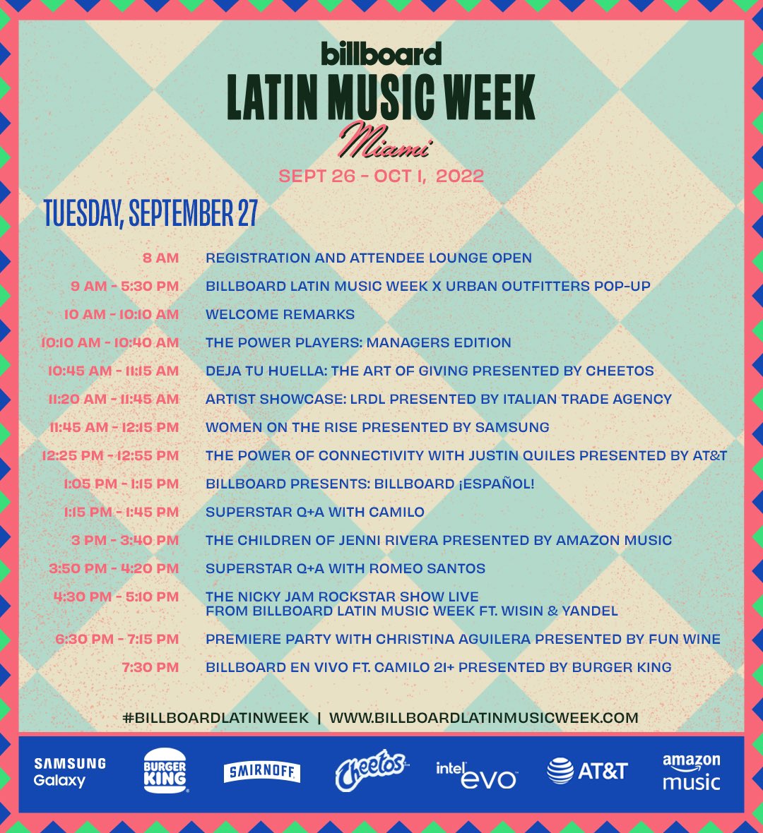 billboardlatin's tweet photo. DAY 2! We are ready to rock #BillboardLatinWeek. This is today’s schedule🔥😎 https://t.co/nj4HceRVvh