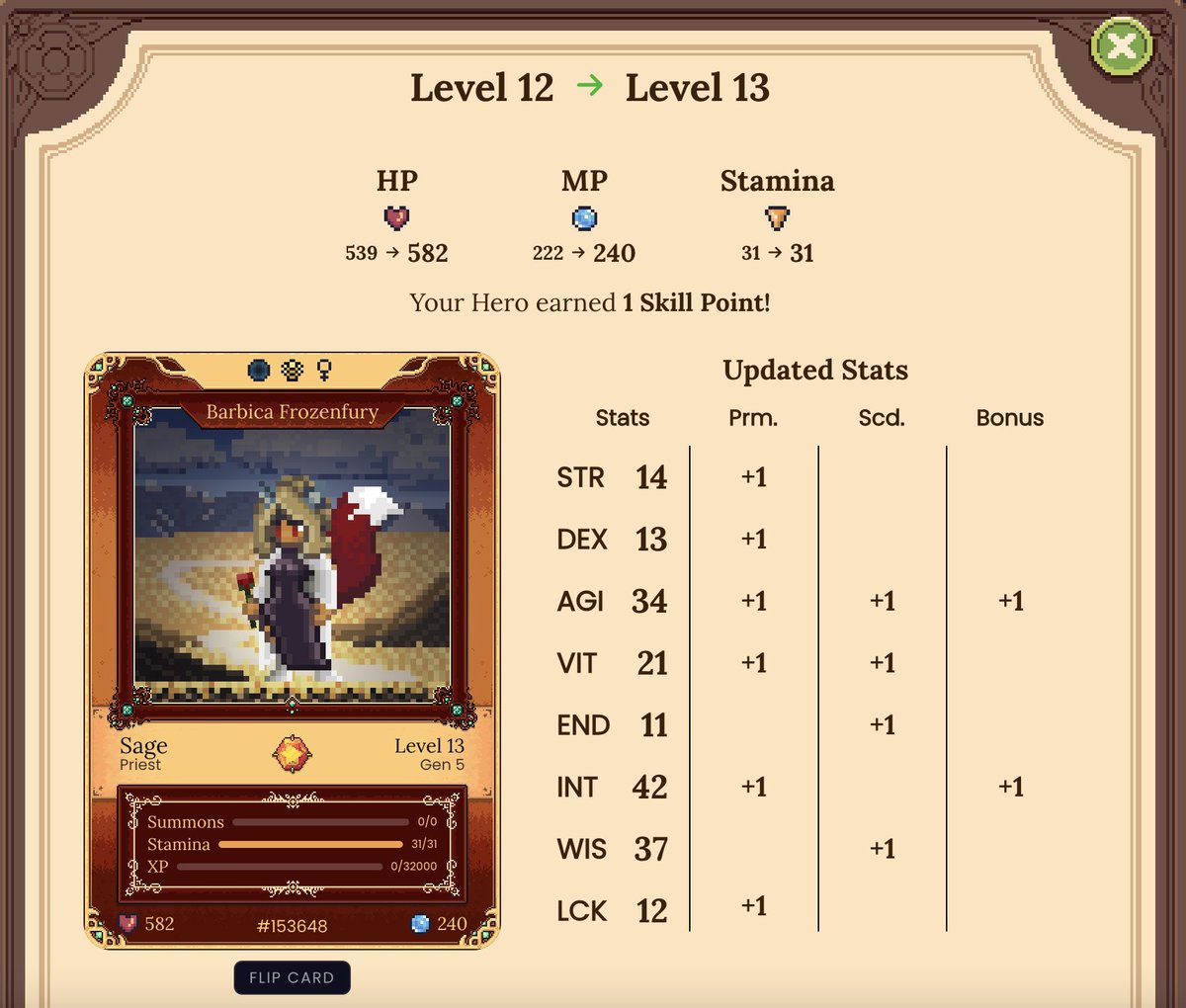 DFKnous's tweet photo. AGI maximalism took an early lead in my last #DFKStrategyPoll, and that's more or less my approach with this Sage. (Later, that approach fell behind.)
After a couple disappointing level-ups, I got a juicy one right when I needed it! ๐
$JEWEL #CRYSTAL #DFK #DefiKingdoms #GameFi https://t.co/cDYD4W6f0C