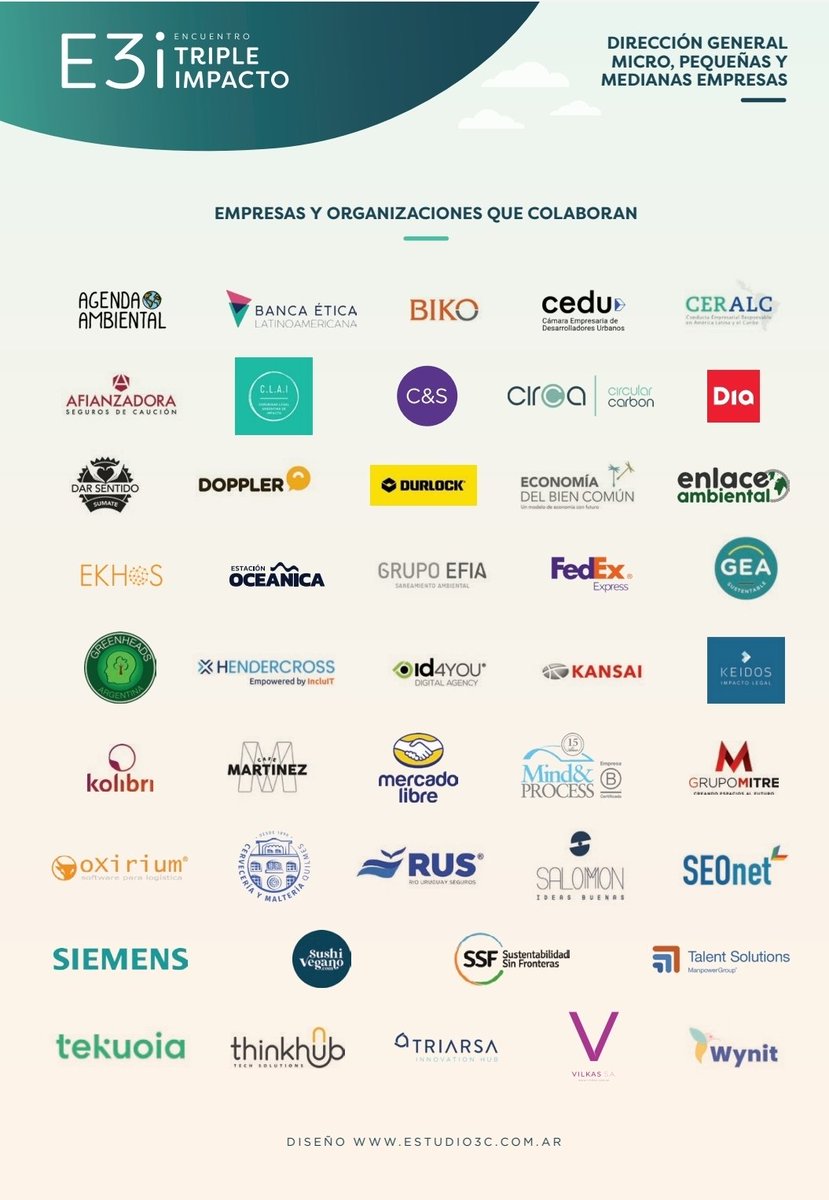 Gracias a las + 40 medianas y grandes empresas nos acompañaran en la ronda de negocios para incorporar más triple impacto en su cadena de valor! <a href="/Mercadolibre/">Mercado Libre</a> <a href="/ruseguros/">ruseguros</a> <a href="/DiaPorciento/">Supermercado Dia%</a> @Siemens_ARG <a href="/durlockoficial/">Durlock® Oficial</a> <a href="/FedEx/">FedEx</a> <a href="/ToyotaKansai/">KANSAI</a>  <a href="/cafemartinez/">Café Martínez</a> <a href="/_GrupoMitre/">Grupo Mitre</a> <a href="/Quilmes_Cerveza/">Quilmes Cerveza</a>