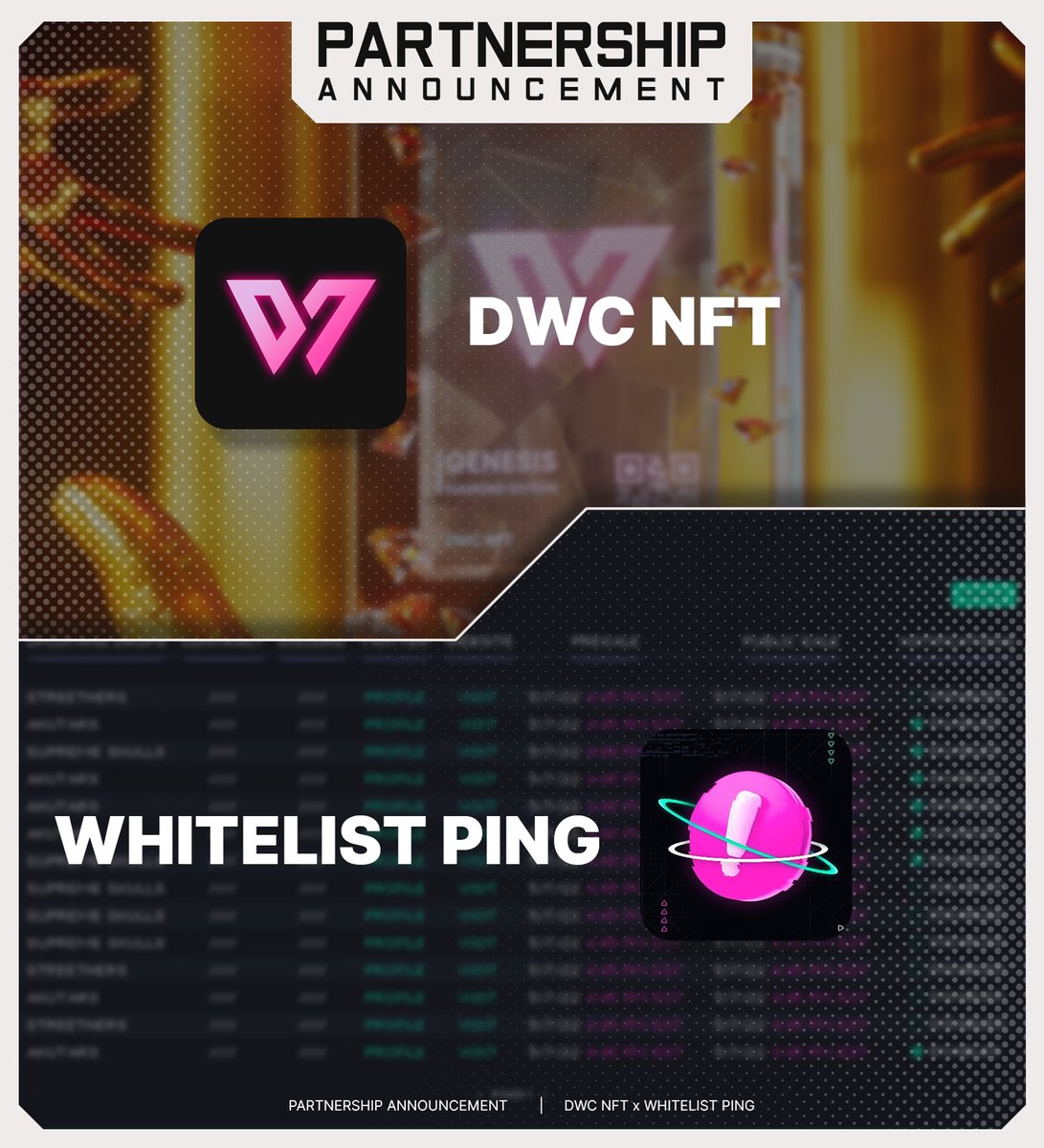 💎 DWC x WHITELIST PING ANNOUNCEMENT! 💎

We are excited to announce partnership with @WhitelistPing Confirmed WL spots and access to their platform for free until further notice for DWC members! 

DWC NFT members stay tuned in discord ! 🔥👀 Stay bullish!