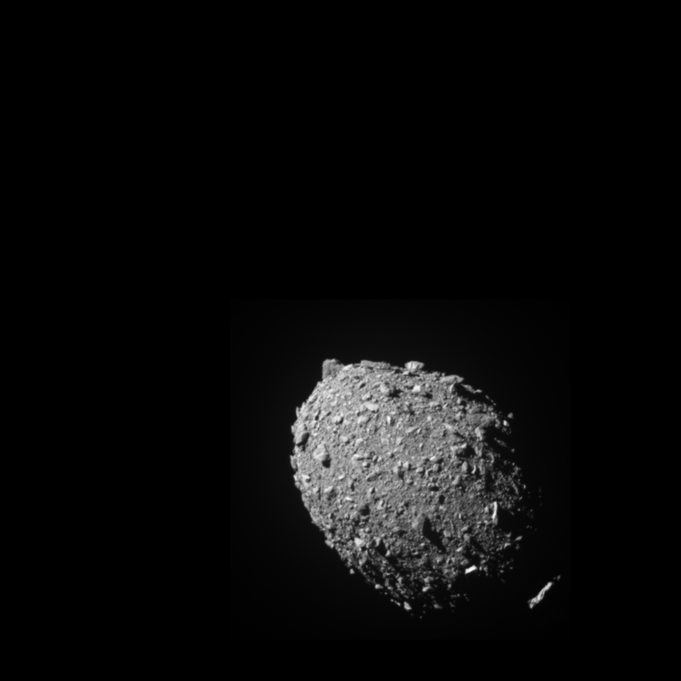 _planetarium's tweet photo. L'astéroïde Dimorphos vu par le vaisseau spatial DART de la NASA 11 secondes avant l'impact . Cette image prise à une distance de 68 kilomètres était la dernière à montrer entièrement Dimorphos dans le champ de vision. https://t.co/lz2wEcvZck