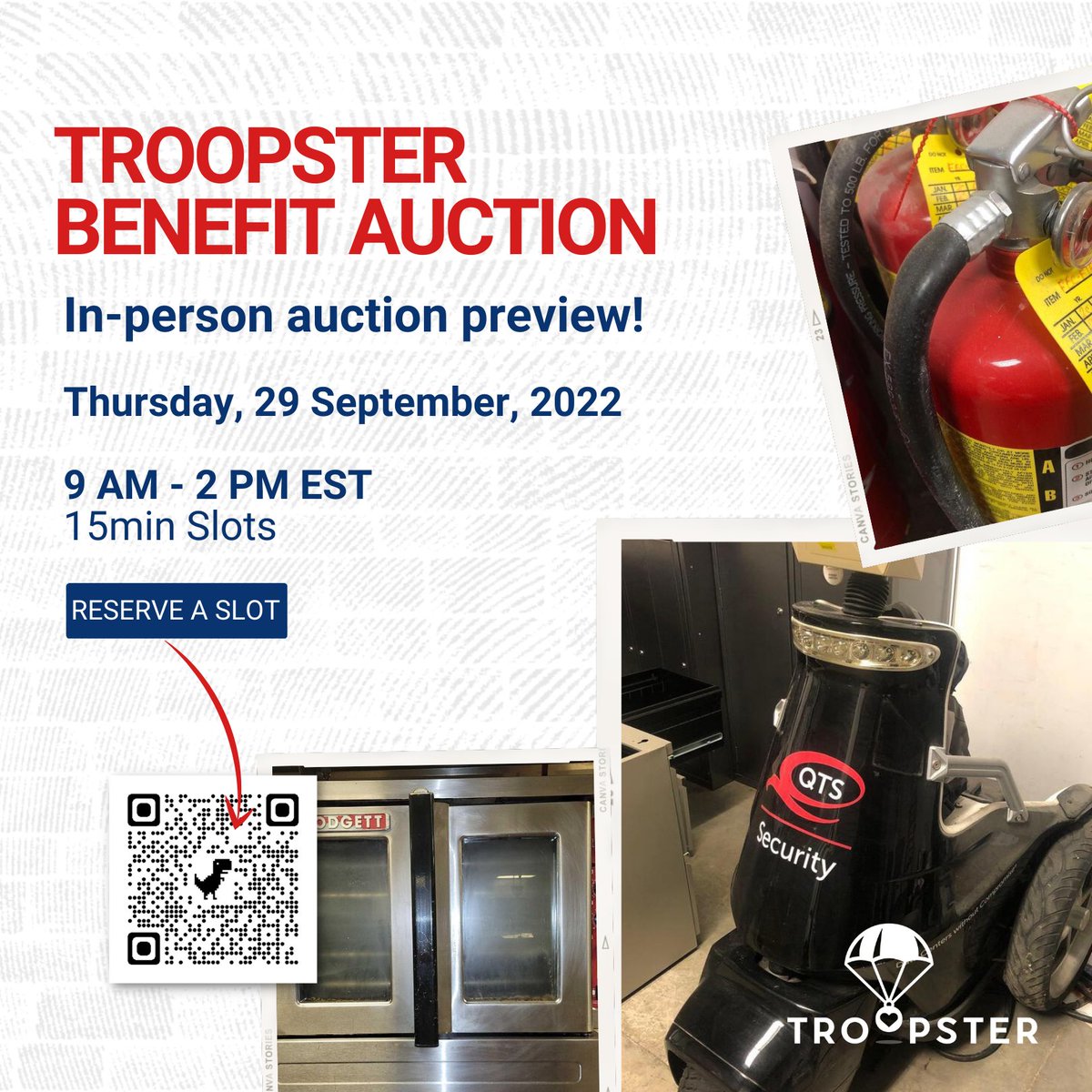 An in-person preview of all Troopster's Benefit Auction items will be available this Thursday from 9 AM - 2 PM EST! 

Sign-up for your 15min preview slot at the link below.

Preview signup:
signupgenius.com/go/10c0e44ada7…

#carepacks #troopster #supportthetroops #militarycarepack