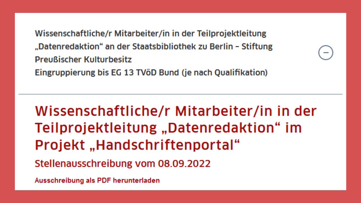 ⚡️ Endspurt! ⚡️ Am Freitag (30. September 2022) endet die Bewerbungsfrist für eine spannende wissenschaftliche Stelle im Bereich #Datenredaktion / #Projektmanagement / #Qualitätssicherung (bis EG 13 TVöD)! ▸handschriftenportal.de/karriere @DHdInfo #DH #Metadaten #QM #Berlin @sbb_news