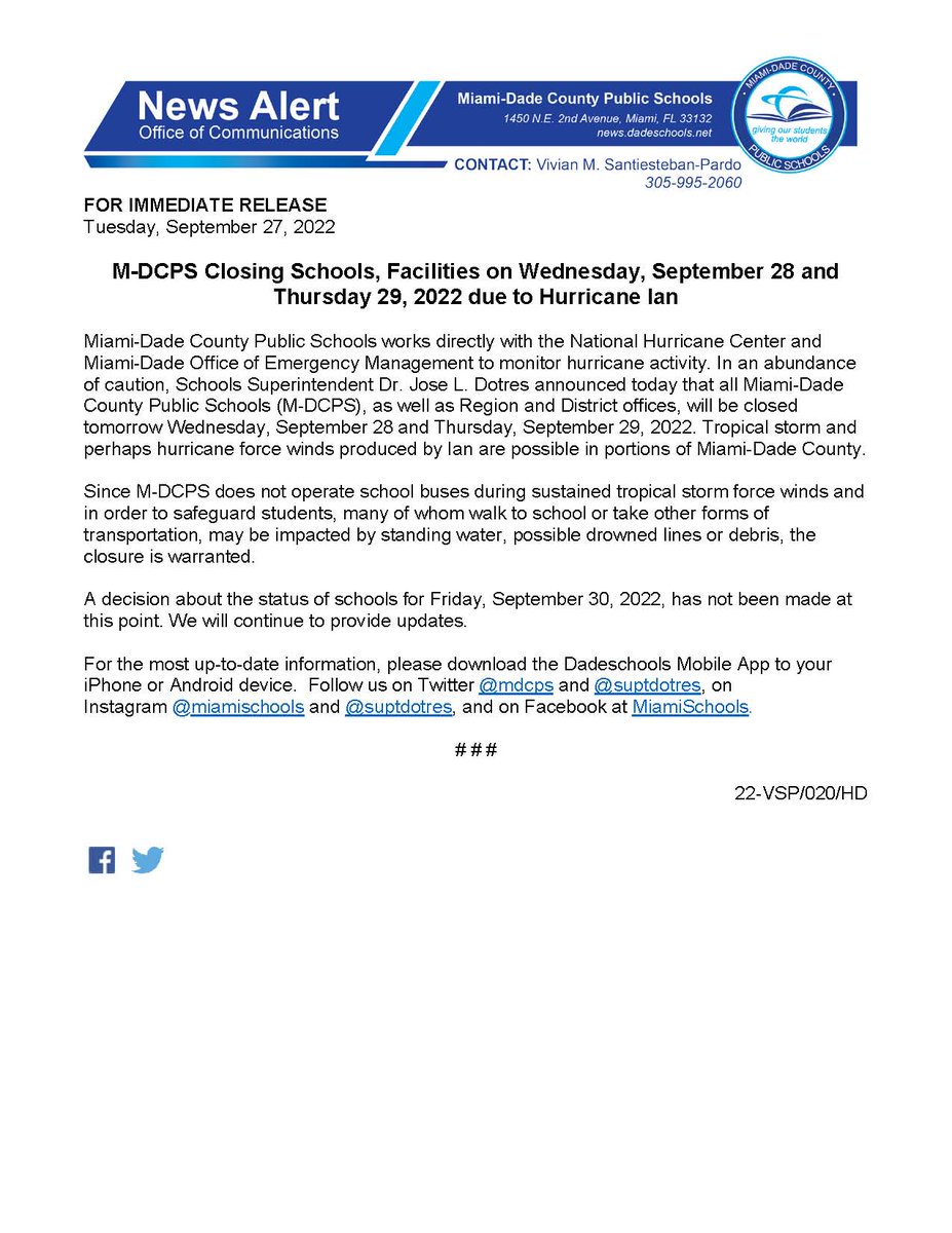 All <a href="/MDCPS/">Miami-Dade Schools</a> schools, as well as Region and District offices, will be CLOSED Wednesday, 9/28,  and Thursday, 9/29, in an abundance of caution. A decision about the status of schools for Friday, 9/30, has not been made at this point. Updates will be provided. #HurricaneIan