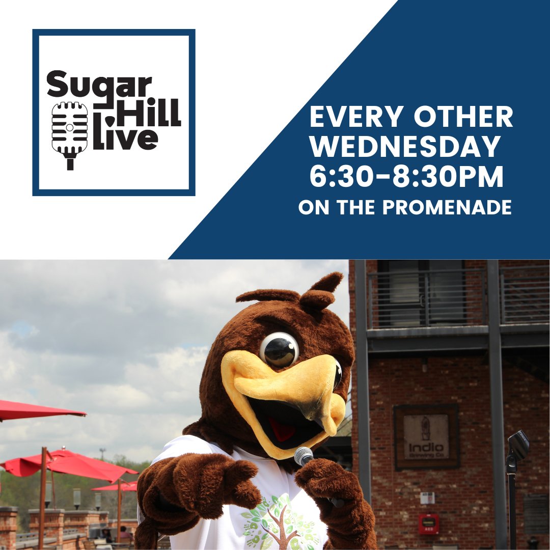 Sugar Hill Live is one way to enjoy live music in downtown. Seat yourself at one of the many tables and cushy chairs outside on the Promenade and listen to local bands perform every other Wednesday from 6:30 – 8:30 p.m.